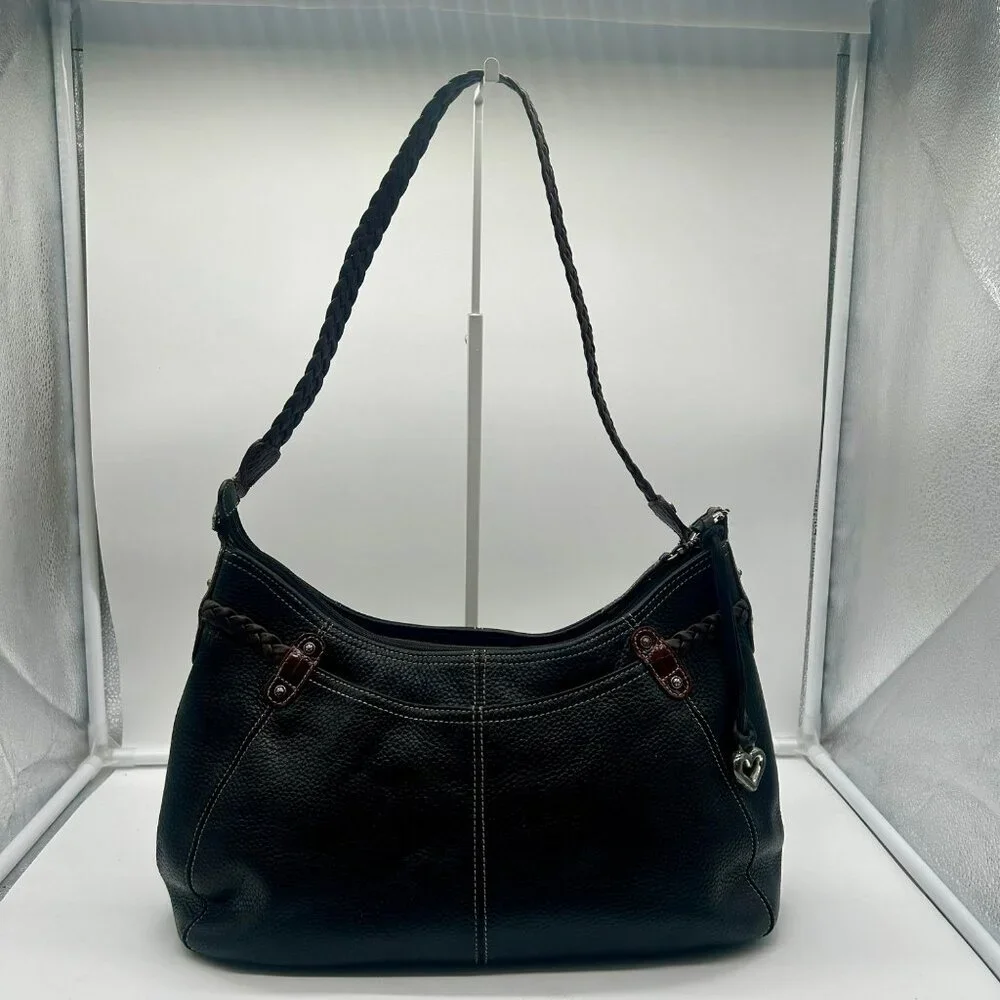 Brighton Leather Woven Tassel Shoulder Bag Black Brown Rectangle Pockets Zipper‎